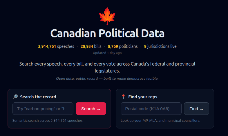 Canadian Political Data: 3.9M speeches, 28K bills, 8.7K politicians, 9 jurisdictions