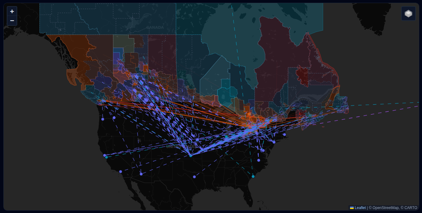 Map showing data flows from Canadian political organizations to US-hosted SaaS providers