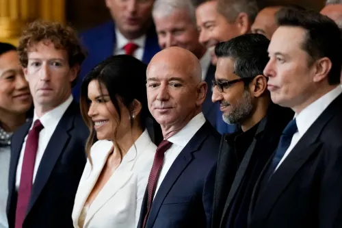 Mark Zuckerberg, Lauren Sanchez, Jeff Bezos, Sundar Pichai, and Elon Musk standing together at the January 2025 US presidential inauguration