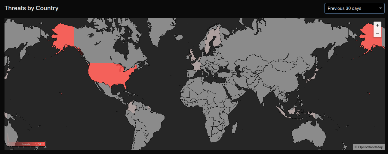 World map showing threat origin: United States, by an order of magnitude